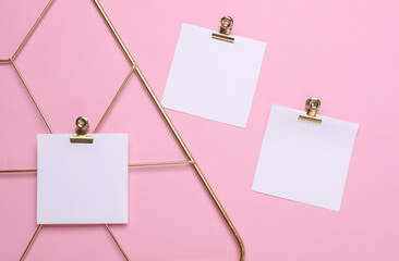 White square memo cards mockups attached to gold grid mood board on pink background