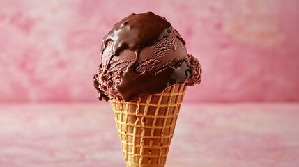 A double scoop of chocolate ice cream in a waffle cone, generously drizzled with melted chocolate, sits against a blurred pink background
