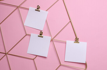 White square memo cards mockups attached to gold grid mood board on pink background