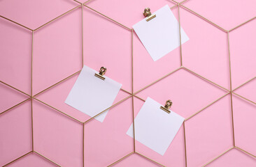 White square memo cards mockups attached to gold grid mood board on pink background