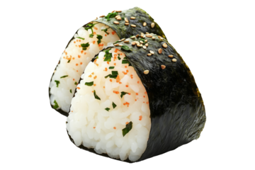 Japanese onigiri rice ball with black sesame seeds and nori seaweed wrap, isolated on white transparent background, showcasing traditional Asian cuisine concept
