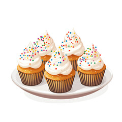 cartoon cupcakes with sprinkles on plate isolated on transparent background