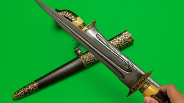 Ornate dagger display on green background