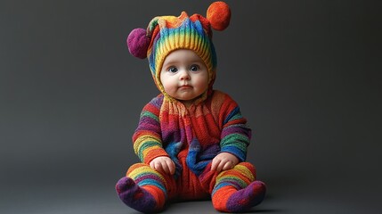 A baby in a rainbow-striped onesie and matching hat with pom-poms sits on a gray background, looking directly at the camera with wide, innocent blue eyes
