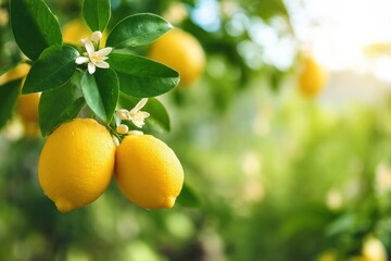 Close up of ripe lemons growing on a tree branch with flowers and green leaves, blurred background of a sunny garden or orchard