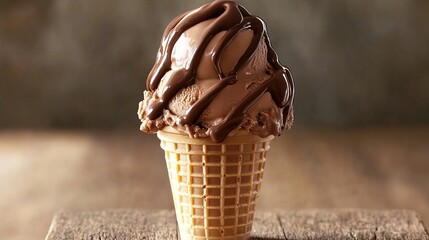 Two scoops of chocolate ice cream in a waffle cone, drizzled with chocolate sauce, sit on a rustic wooden surface against a blurred background
