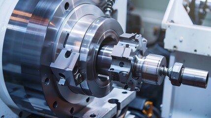 Close-up of precision turning operation on a CNC lathe, showcasing a metal workpiece being meticulously shaped with micron-level accuracy