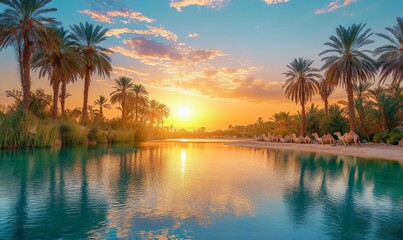 serene desert oasis with crystal-clear water surrounded by palm trees, camels resting in the shade, and the sun setting in vibrant colors, Generative AI
