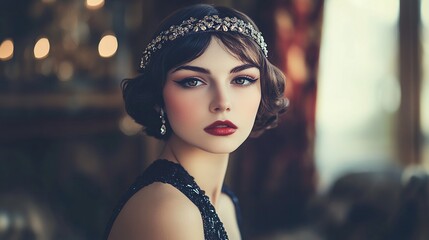 A woman with dark hair styled in a bob, wearing a jeweled headband and earrings, stares directly at the viewer with intense, blue eyes and bold red lipstick