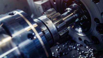 Close-up of precision turning operation on a CNC lathe, showcasing a metal workpiece being meticulously shaped with micron-level accuracy