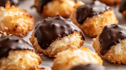 Close-up of numerous small, golden-brown coconut macarons, some dipped in rich dark chocolate, arranged on a baking sheet.  The macarons appear light, airy, and slightly crispy