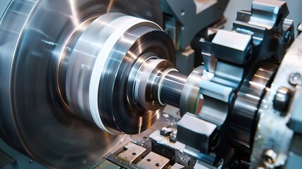 Close-up of precision turning operation on a CNC lathe, showcasing a metal workpiece being meticulously shaped with micron-level accuracy