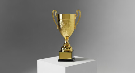 Golden Trophy Isolated On White Podium Against Gradient Grey Background Celebrating Achievement