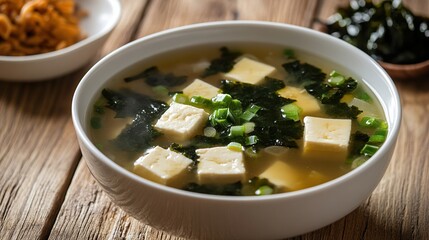 Steaming bowl of miso soup with tofu cubes, seaweed, and sliced green onions; garnished with dried seaweed and crispy fried topping in separate bowls on a rustic wooden table