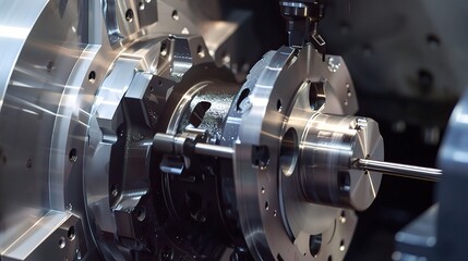 Close-up of precision turning operation on a CNC lathe, showcasing a metal workpiece being meticulously shaped with micron-level accuracy