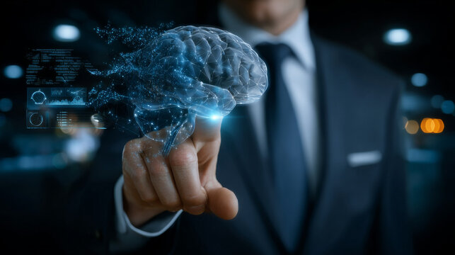 Businessman hand pointing data of brain digital. Artificial intelligence technology. Machine Learning business concept.