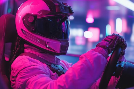 Person in helmet driving in neon city at night, close up view. Use for gaming, virtual reality, or futuristic tech concepts. - Powered by Adobe