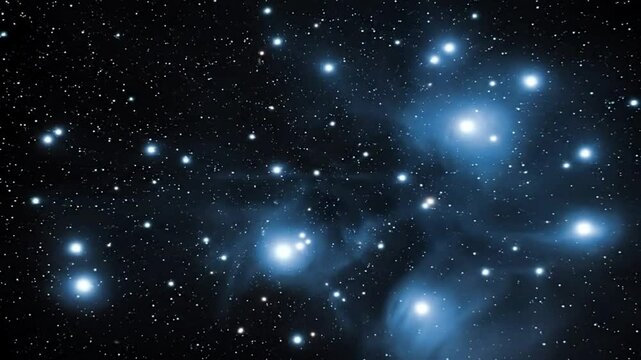 Pleiades star cluster in outer space with interstellar nebulosity and distant stars.