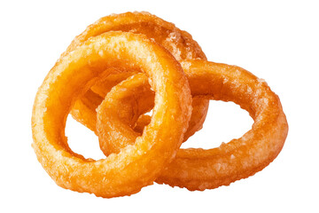 Golden crispy onion rings isolated on transparent background — ultra-high-resolution PNG cutout perfect for burger toppings, bar snack menus, fast-food packaging mock-ups, and culinary branding visual