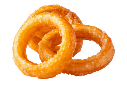 Golden crispy onion rings isolated on transparent background — ultra-high-resolution PNG cutout perfect for burger toppings, bar snack menus, fast-food packaging mock-ups, and culinary branding visual