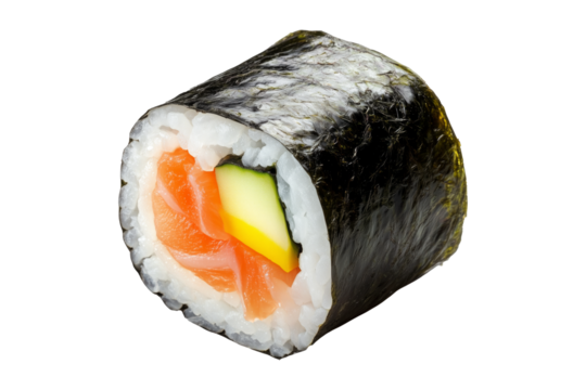 Sushi roll Maki with salmon, avocado, cucumber and rice wrapped in seaweed, isolated on white transparent background, concept of Japanese cuisine