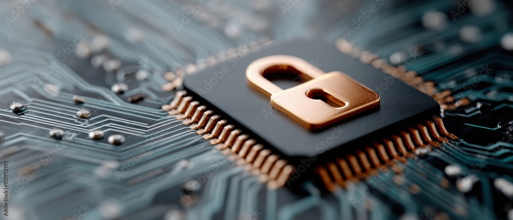 Aufkleber Cybersecurity Concept with Copper Padlock Embedded in Circuit Board Highlighting Hardware Encryption and Data Protection for IT Security Innovation