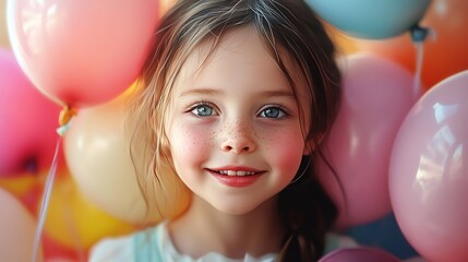 A young girl with bright blue eyes and a warm smile surrounded by colorful balloons, looking directly at the viewer with happiness and innocence