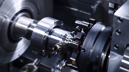 Close-up of precision turning operation on a CNC lathe, showcasing a metal workpiece being meticulously shaped with micron-level accuracy