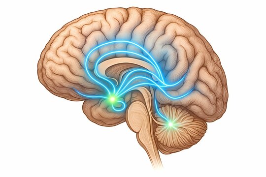 Medical illustration showing dopamine pathways activation in the human brain, including mesolimbic and mesocortical circuits. Useful for neuroscience, psychology, addiction, and education.