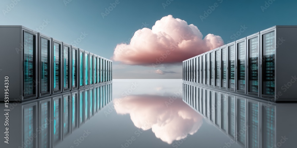 Poster Hybrid Business Backup Strategies with Mirrored Server Racks and Cloud Icons in Cyber Blue Tones for Modern Data Security and Resilience