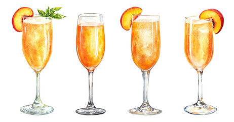 Watercolor Peach Bellini Cocktails in Champagne Glasses – Hand-Painted Sparkling Summer Drinks with Fruit Garnish, on transparent background
