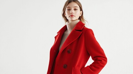 A young woman with long blonde hair stands against a white background wearing a red double-breasted peacoat with a cream turtleneck sweater underneath. She has one hand in her pocket