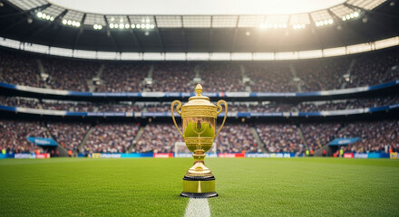 Golden Trophy Stands Proudly On Green Field In Illuminated Stadium During A Sports Competition
