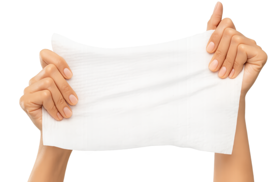 A high-resolution close-up of two hands stretching a clean, white, textured wipe or sheet horizontally. 
