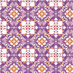seamless pattern with flowers, vibrant and ornate seamless pattern, Moorish or Mediterranean influence, stylized floral or abstract shape, symmetrically, central orange square-like elements