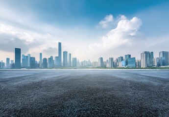 Obraz na płótnie Canvas Panoramic view of a modern skyline featuring sleek business office buildings alongside an empty asphalt road in urban China