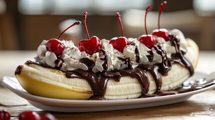 A split banana topped with whipped cream, chocolate sauce, and maraschino cherries, served on a rectangular white plate