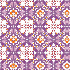 seamless pattern with flowers, vibrant and ornate seamless pattern, Moorish or Mediterranean influence, stylized floral or abstract shape, symmetrically, central orange square-like elements
