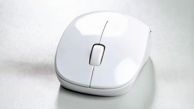 White ergonomic wireless computer mouse on neutral background, close-up studio shot of input device with scroll wheel and sleek design.