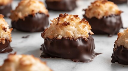 Close-up of several delicate, round coconut macarons, partially dipped in dark chocolate, arranged on a marble surface.  The macarons exhibit a light, airy texture and are subtly highlighted