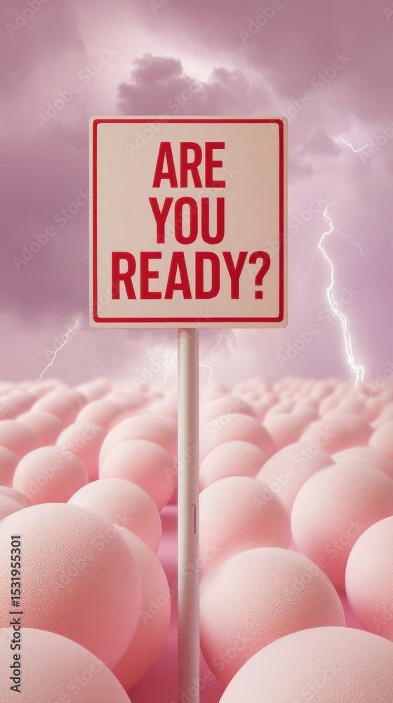 Poster storm warning sign with bold are you ready? text on metal pole against lightning and dramatic clouds
