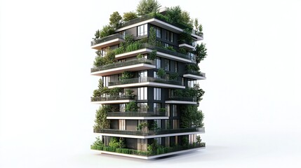 A tall, modern apartment building with a sleek black exterior and multiple levels of lush green vegetation on balconies and terraces