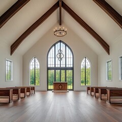 Traditional church architecture featuring high vaulted ceilings, stained glass windows, wooden pews, and historic details to preserve religious heritage in modern communities.
