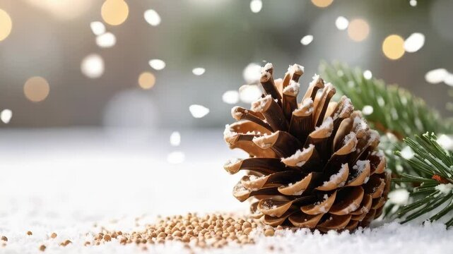 Festive pinecone and evergreen bough on snow covered surface with shimmering bokeh lights in the background for Christmas