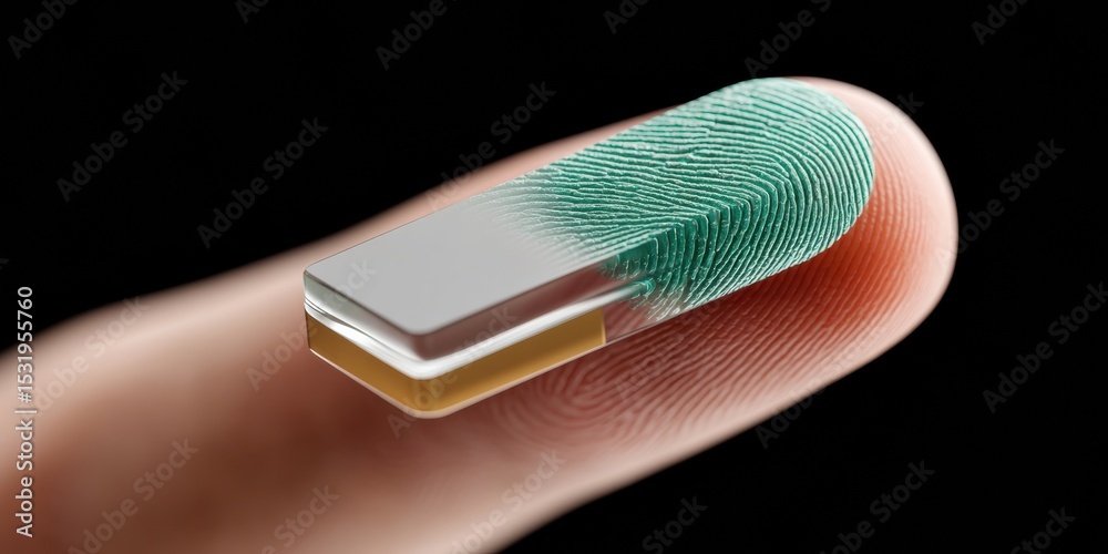 Aufkleber Secure SIM Card with Biometric Fingerprint Authentication and Digital Identity Verification on Dark Background with Teal Data Patterns for Tech Security