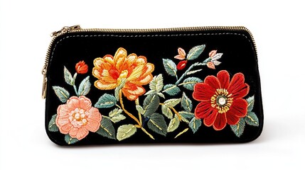 Black velvet clutch adorned with intricate embroidered floral design featuring orange, red, and peach roses, green leaves, and gold accents; zipper closure