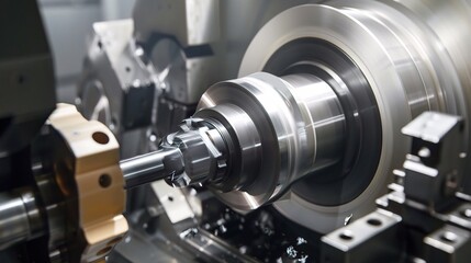 Close-up of precision turning operation on a CNC lathe, showcasing a metal workpiece being meticulously shaped with micron-level accuracy