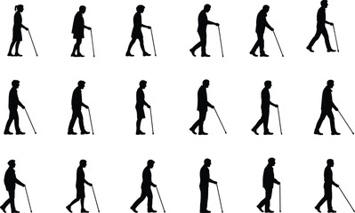 Silhouette Icons of People Walking with Canes for Accessibility and Mobility  flat vector illustration