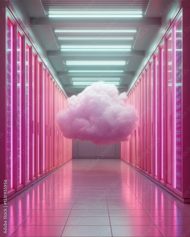 Poster futuristic cloud computing concept with neon lighting in data center corridor - digital transformati