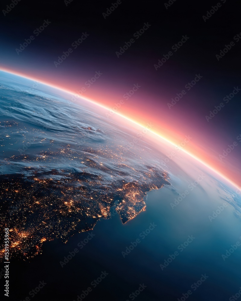 Poster satellite view of earth at sunrise with city lights and atmospheric glow symbolizing advanced global